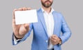 businessman with credit card in studio. Business deal with emoney. Success of business. selective focus. businessman in Royalty Free Stock Photo