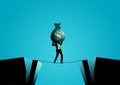 Businessman crossing the abyss on tiny rope with big money bag