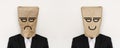 Businessman with crumpled paper bag with anger bored face, and smooth paper bag with smiling face