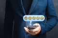 Businessman customer giving five star rating on cellphone. Review, Service rating, satisfaction, Customer service experience and