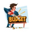 Businessman cutting budget text, vector Royalty Free Stock Photo