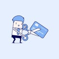 Businessman cutting credit card. Cartoon character thin line style vector. Royalty Free Stock Photo