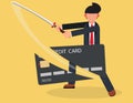 Businessman cutting a Credit Card with Sword. business free from debt concept Royalty Free Stock Photo