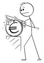 Businessman Cutting Euro Coin in Half, Recession and Inflation, Vector Cartoon Stick Figure Illustration