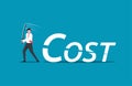 Businessman is cutting the word cost. Costs reduction, costs cut, costs optimization business concept. Vector illustration