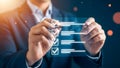 Businessman interacting with virtual checklist on transparent screen hands. Royalty Free Stock Photo