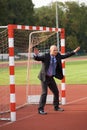 Businessman defending goal