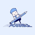 Businessman is deleting wording im from impossible with eraser on floor. Cartoon character thin line style vector.