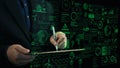 Modern Businessman Interacting with Futuristic Digital Green Energy Dashboard and Data Visualization Technology Cipher Royalty Free Stock Photo