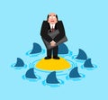 Businessman on desert island and sharks. vector illustration