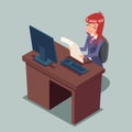 Businessman at Desk Working on Computer Cartoon Characters Icon Retro Design Vector Illustration Royalty Free Stock Photo