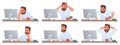 Businessman at desktop. Tired and successful worker. Deadline. The employee is angry. Different emotions of a man working Royalty Free Stock Photo