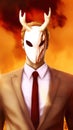 Businessman with devil mask on the background of business people and fire.