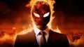 Businessman with devil mask on the background of business people and fire. Royalty Free Stock Photo