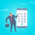 Businessman is dialing number on the phone. Flat vector illustration. Royalty Free Stock Photo