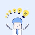 Businessman with different size of idea bulbs. Cartoon character thin line style. Royalty Free Stock Photo