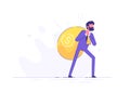 A businessman with difficulty is carrying on his back a huge bag of money with a dollar sign. Modern character. Flat vector