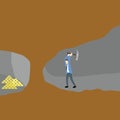 Businessman dig with shovel to get gold in adjacent tunnel in cross section view of underground mine.