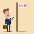 Businessman with directional sign and word success. Vector illustration Royalty Free Stock Photo