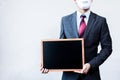 Businessman in disguise mask holding blackboard sign