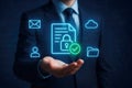 Businessman displaying a secure digital document with lock icon and verification checkmark digital security Royalty Free Stock Photo