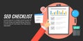 Presentation of seo checklist, work list for search engine optimization. Flat design vector illustration. Royalty Free Stock Photo