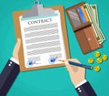 Businessman document signing up contract agreement, green background with wallet with cash dollars and coins. vector