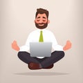 Businessman doing yoga. The concept of meditation. Calm at work, finding solutions in business