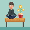 Businessman doing yoga on office table with money tree. Flat vector illustration Royalty Free Stock Photo