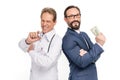 businessman with dollar banknotes and doctor with medication smiling at camera