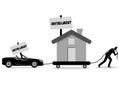 Businessman dragging a house and a convertible car