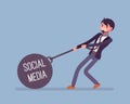 Businessman dragging a weight Social Media on chain