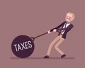 Businessman dragging a weight Taxes on chain