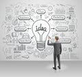 Businessman drawing business idea light bulb on wall. Graphic doodles vector illustration style Royalty Free Stock Photo