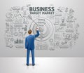 Businessman drawing business idea target market on wall. Graphic doodles vector illustration