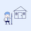 Businessman drawing house plan by pencil. Cartoon character thin line style vector. Royalty Free Stock Photo