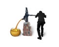 Businessman drawing out golden sand currency symbols retro pump