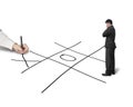 Businessman drawing Tic-Tac-Toe game on white background, another thinking Royalty Free Stock Photo