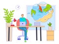 Businessman dreaming about vacation at workplace, vector illustration. Worker character sitting at desk, think about