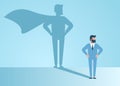 Businessman dreams of becoming a superhero. Confident handsome young businessman standing superhero shadow concept illustration