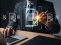 Businessman using stylus to sign digital document with checkmark icon on virtual interface screen. Royalty Free Stock Photo