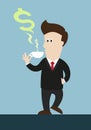 Businessman drink coffee or tea. steam in money symbol shape com out of cup.