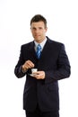 Businessman drinking coffee isolated