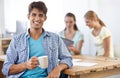 Businessman, drinking coffee and smile in portrait, employee and confidence for career and planning. Indian male person