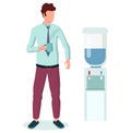 Businessman drinking coffee standing near water cooler in office, flat vector illustration. Coffee break. Tea time. Royalty Free Stock Photo