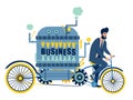 Businessman drives a business car, bicycle. In minimalist style Cartoon flat Vector, isolated on white background Royalty Free Stock Photo