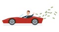 Businessman driving a red sports car and throwing money away