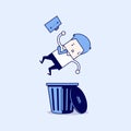 Businessman dropped into trashcan layoff. Cartoon character thin line style vector