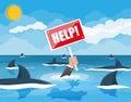 Businessman drowning in the sea with sharks. Royalty Free Stock Photo