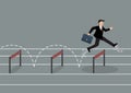 Businessman with elastic spring shoes jumping over hurdle